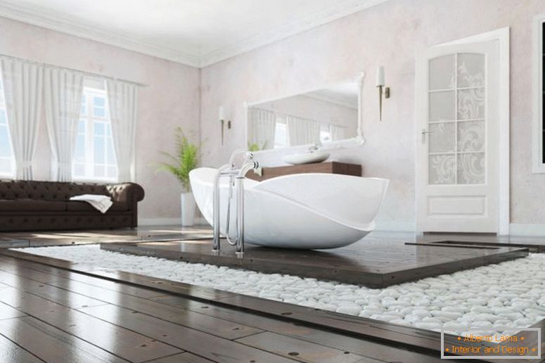 élégant-moderne-salle de bains-mettant-en-intérieur-design-avec-la-bougie-sur-le-jardin-intéressant-blanc-baignoire-bois-plancher-mur-décor intérieur-galets-architecture design d'intérieur intérieur-design-collèges