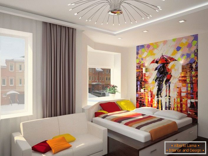 Design créatif de la chambre dans le style Art Nouveau. L'utilisation de couleurs juteuses rend la pièce vraiment confortable et chaleureuse.
