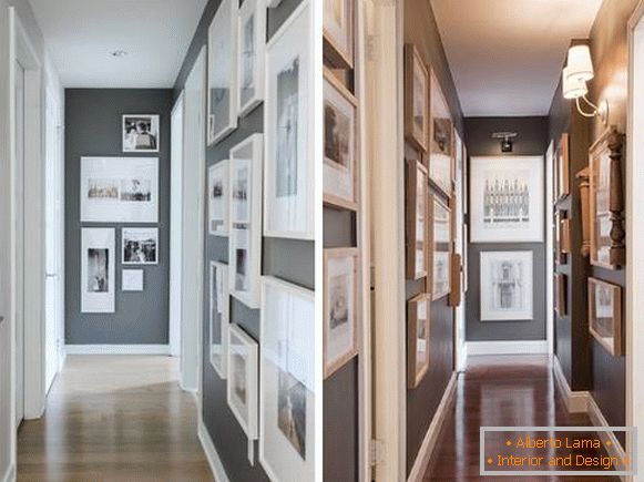 Conception d'un couloir étroit dans l'appartement avec des photos et des peintures sur les murs