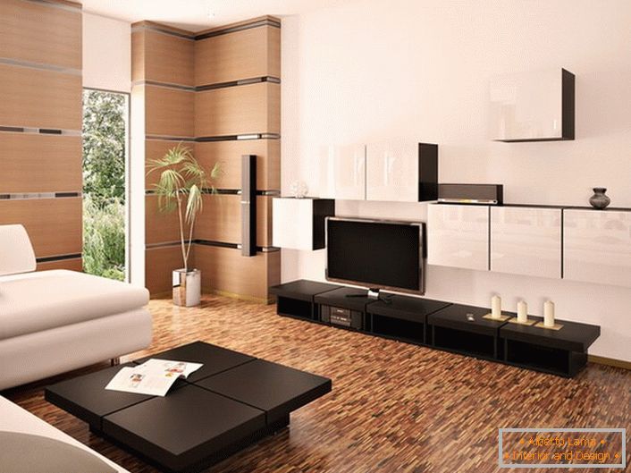 Élégante chambre moderne de couleur blanche et beige clair ornée de meubles en bois sombre.