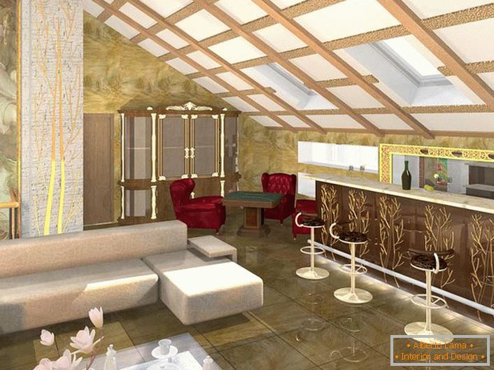 Projet de conception de la salle correctement prévue pour les invités dans le style Art Nouveau. Un minimum de mobilier, des couleurs contrastées dans les meilleures traditions de style.