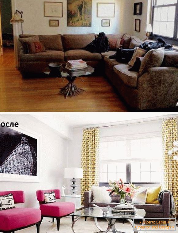 Comment organiser les meubles dans le salon - photos avant et après le remaniement