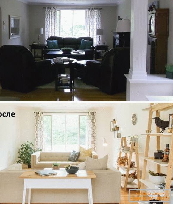 Disposition des meubles dans le salon avant et après le quart