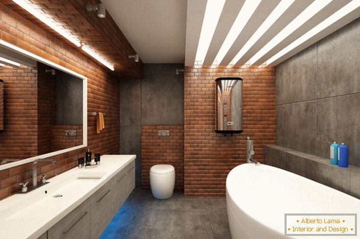 La simulation du briquetage dans la salle de bain en style loft s’harmonise harmonieusement avec un mobilier blanc comme neige.