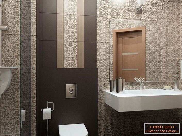Pour le décor de la salle de bains, le designer a ramassé des carreaux de céramique de style Art déco. Un motif élaboré de forme allongée rend les plafonds visuellement plus élevés.