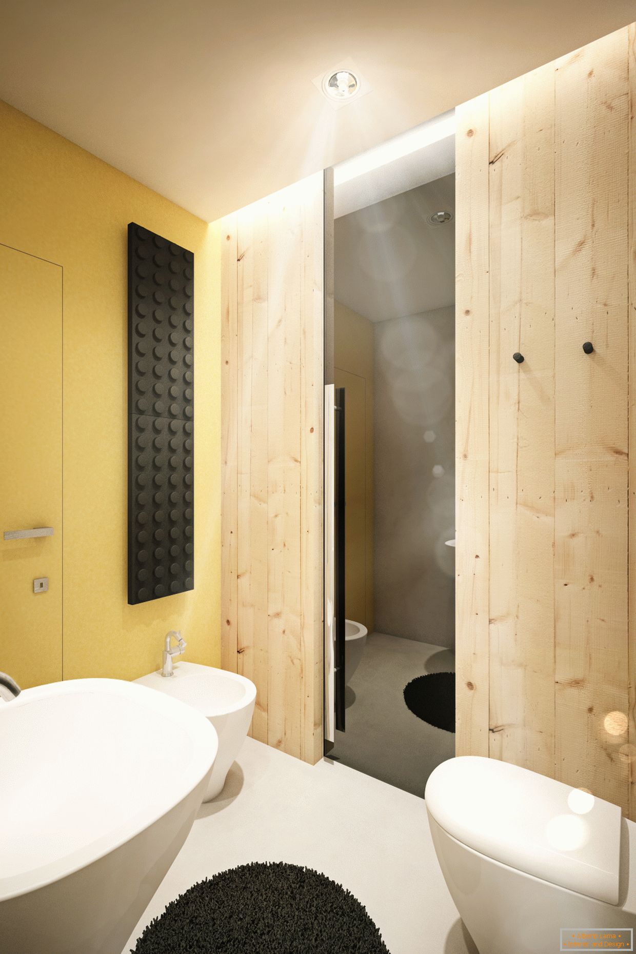 Mur en bois avec un miroir dans la salle de bain