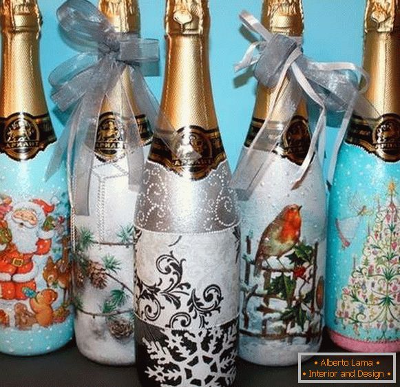 Decoupage et décor d'une bouteille de champagne pour la nouvelle année