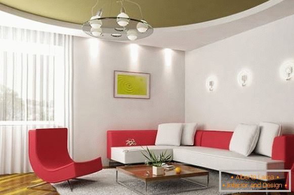 Plafond tendu vert dans le design du salon dans un style moderne