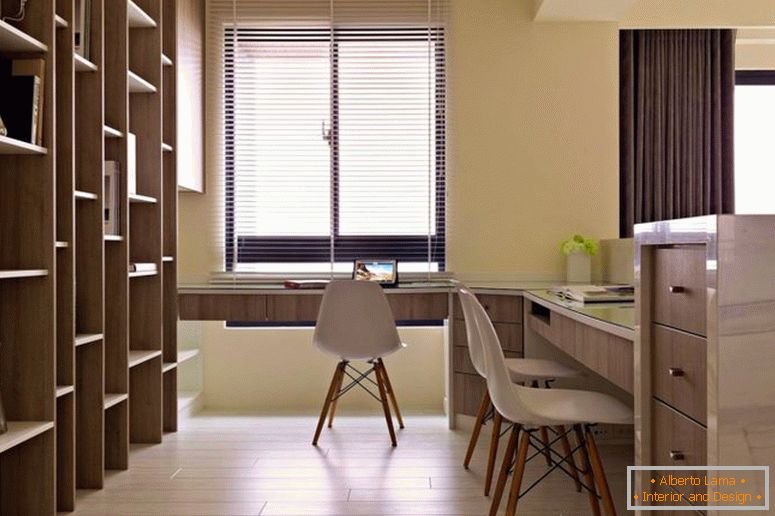 bureau-design-intérieur-intérieur-idées-crème-mur-peinture-couleur-l-forme-ordinateur-bureau-en bois-grand-stockage-étagères-commode-vitres-avec-stores- blanc-gris-brun-stratifié