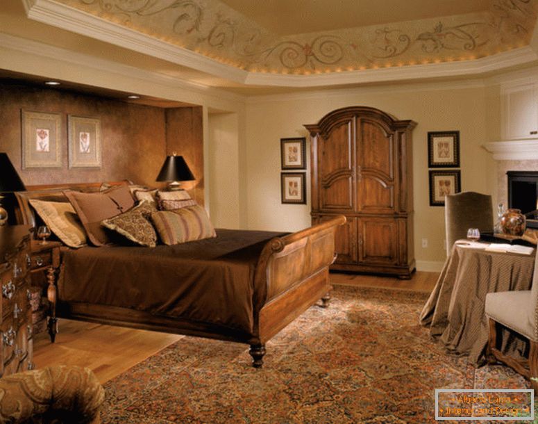 milieu-siècle-royal-chambre-lit-en-bois-cadre-meubles-persan-tapis-brun-mur-long