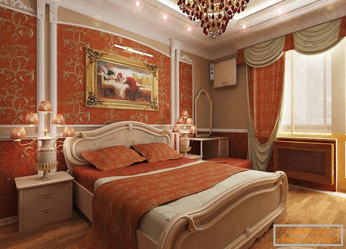 Chambre style Empire pour une jeune femme. Une couleur corail brillante associée à un motif en or rend le design vraiment exclusif et élégant.