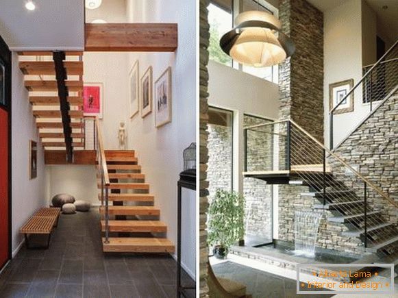 Escalier métallique dans la maison - photo avec marches en bois