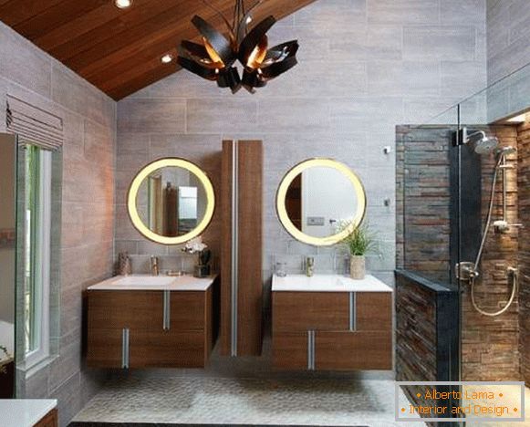 Belles salles de bains - photos de décoration en bois et en pierre
