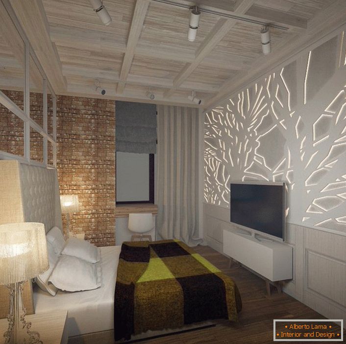La chambre est conçue selon les exigences du style loft. Attention, un panneau mural en plaques de plâtre avec rétroéclairage LED est dessiné. 