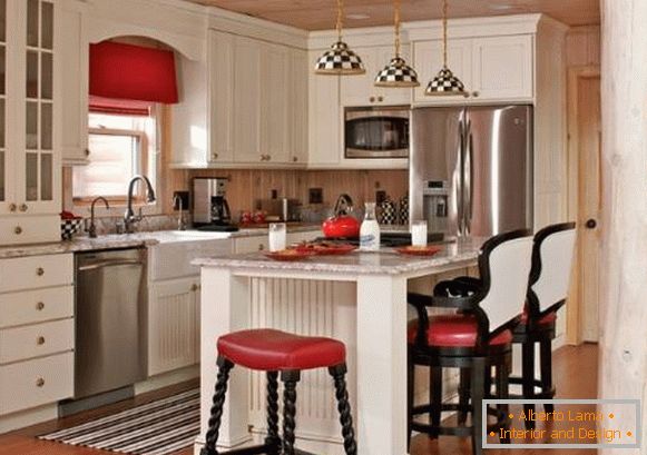 Intérieur de cuisine lumineux dans un style campagnard - photos en noir et blanc et rouge