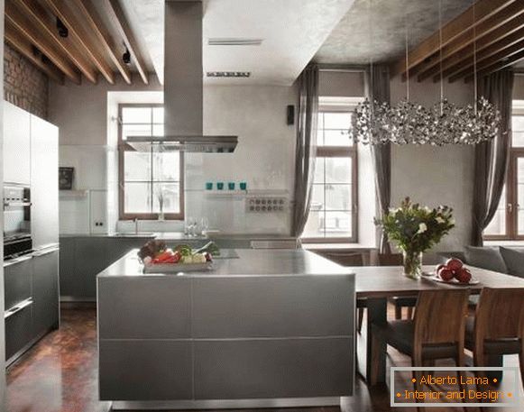 Intérieur de la cuisine de style loft - photos en gris et marron