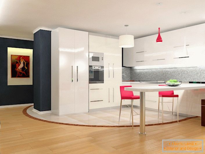 Une cuisine spacieuse dans le style du minimalisme avec un set de cuisine laconique. La simplicité, la fonctionnalité et la fonctionnalité sont intégrées dans un concept unique de style.
