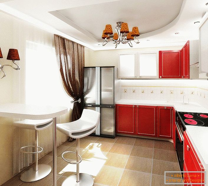 Projet de design pour la cuisine dans un appartement ordinaire à Moscou. Combinaison contrastée de couleurs, mobilier fonctionnel, non chargé de meubles, éclairage laconique - indices de style impeccable du propriétaire de l'habitation.