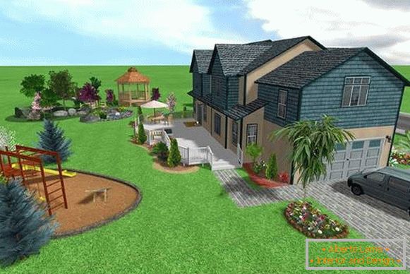 Aménagement paysager d'une maison de campagne de 10 hectares - photo avec une aire de jeux pour enfants