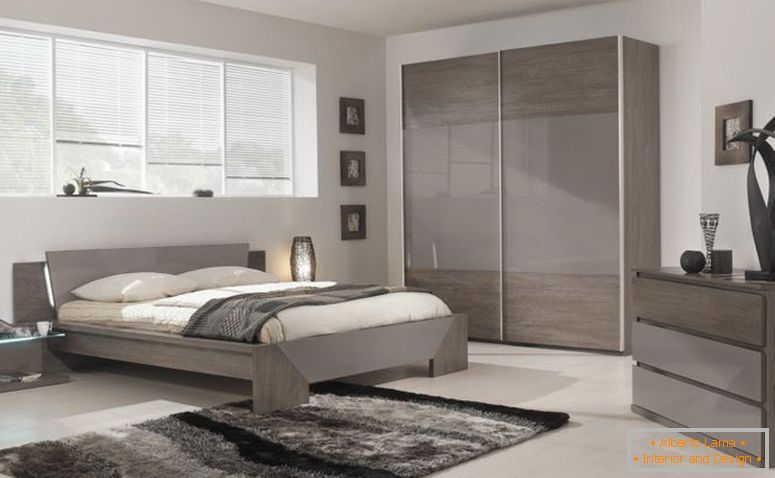 lit de chêne moderne-gris-cendres-avec-table de chevet-commode-et-armoire-dans-la-chambre