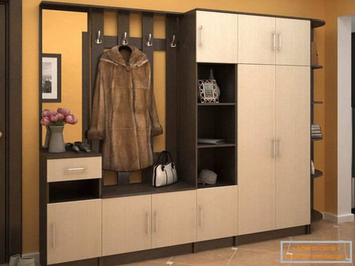 Un mur modulaire spacieux pour le couloir vous permet d'organiser de manière fonctionnelle l'espace. L'apparence attrayante du mobilier décorera l'intérieur dans n'importe quel style.