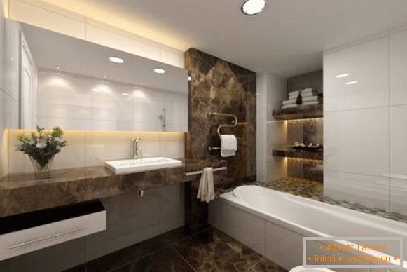 Salle de bain lumineuse avec détails en marbre sombre
