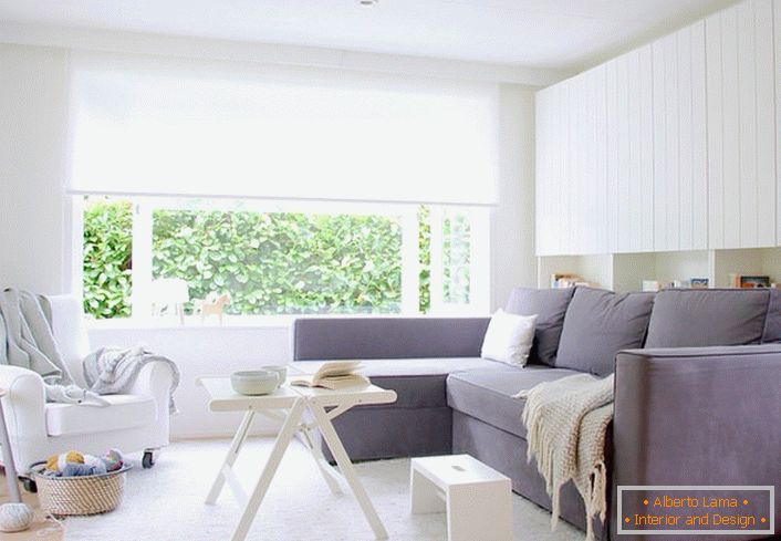 La combinaison des couleurs blanc et gris semble toujours rentable, surtout si c'est un style scandinave. Le salon avec des meubles moelleux est spacieux et lumineux.