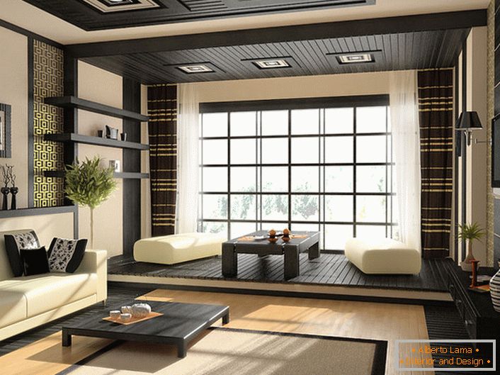 La couleur orientale attire par sa grâce. Le salon dans une grande maison de campagne est décoré dans le style du minimalisme japonais. 