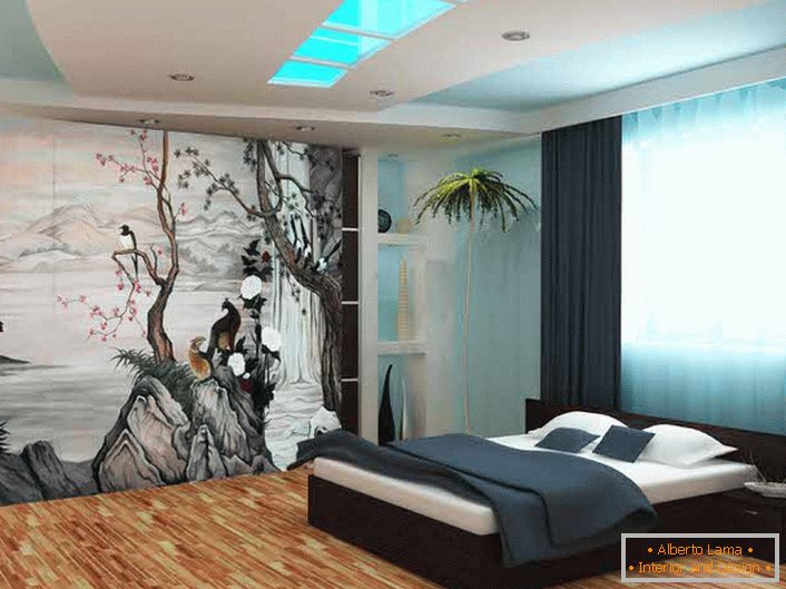 Pour décorer les murs des chambres dans le style du minimalisme japonais, le papier peint avec impression photo a été utilisé. Le dessin thématique rend la composition originale et complète.