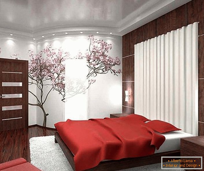 Souvent, pour le design d'intérieur dans le style du minimalisme japonais, une image de fleurs de cerisier japonais est utilisée. 