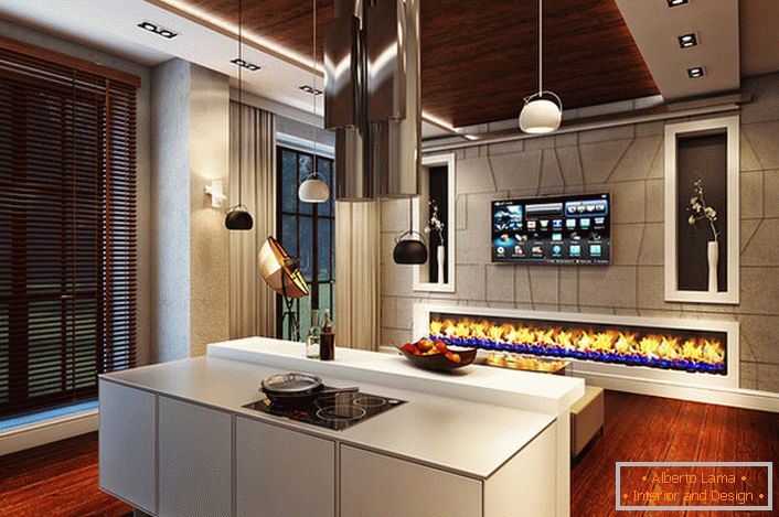 Donc, cela ressemble à une bio-cheminée à l'intérieur d'une cuisine spacieuse dans un style high-tech.