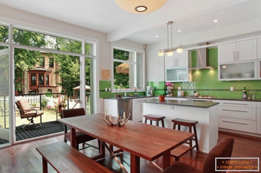 Design d'intérieur de cuisine dans un style moderne, couleurs vert et marron foncé