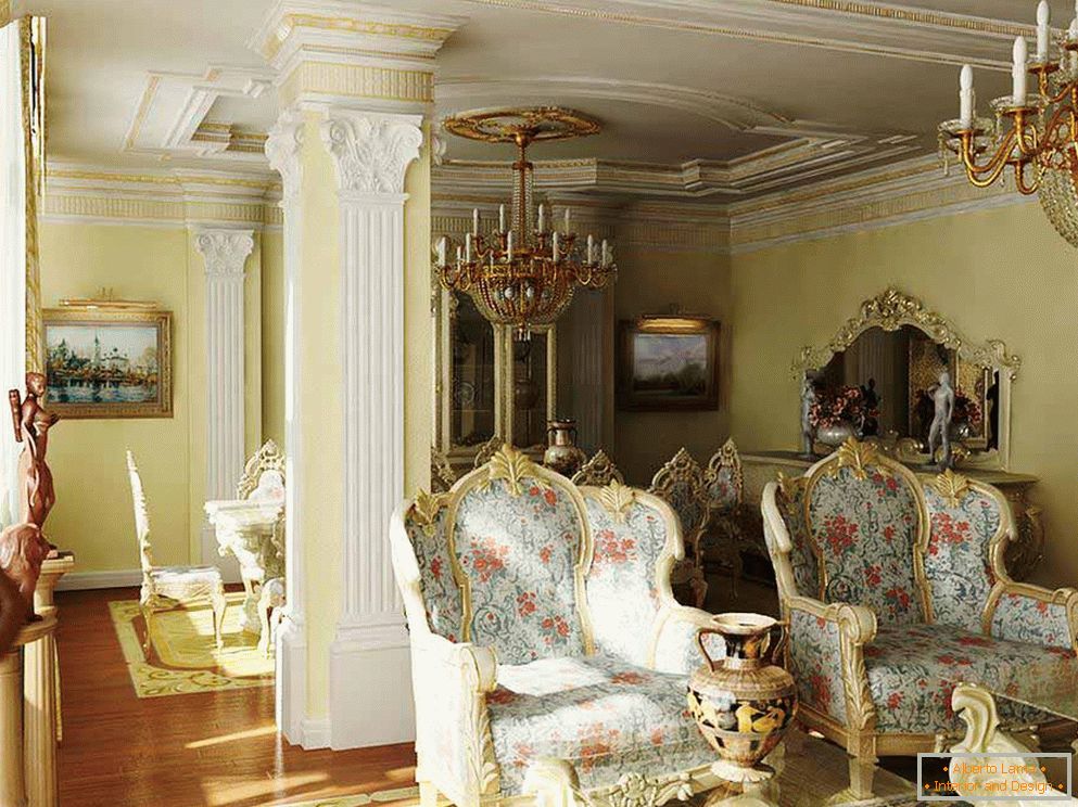 Un salon baroque avec un éclairage bien choisi. Les colonnes avec moulage en céramique sont également intéressantes.