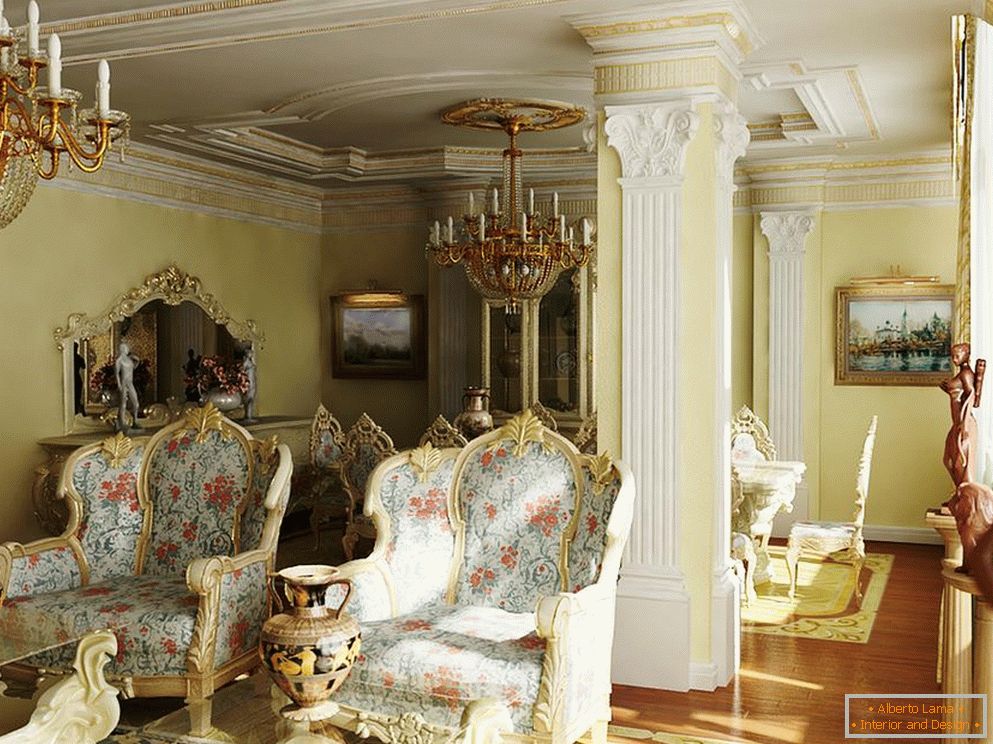 Style baroque exquis et luxueux pour une chambre. Le bon exemple d'éclairage pour le style baroque.