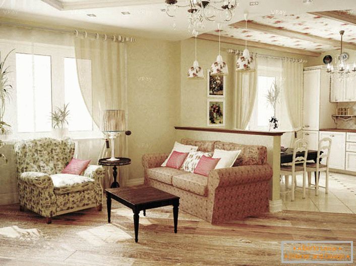 Le projet de conception a été réalisé sous l’ordre d’une jeune femme. Un intérieur doux et modeste pour un salon de style champêtre de style provençal.