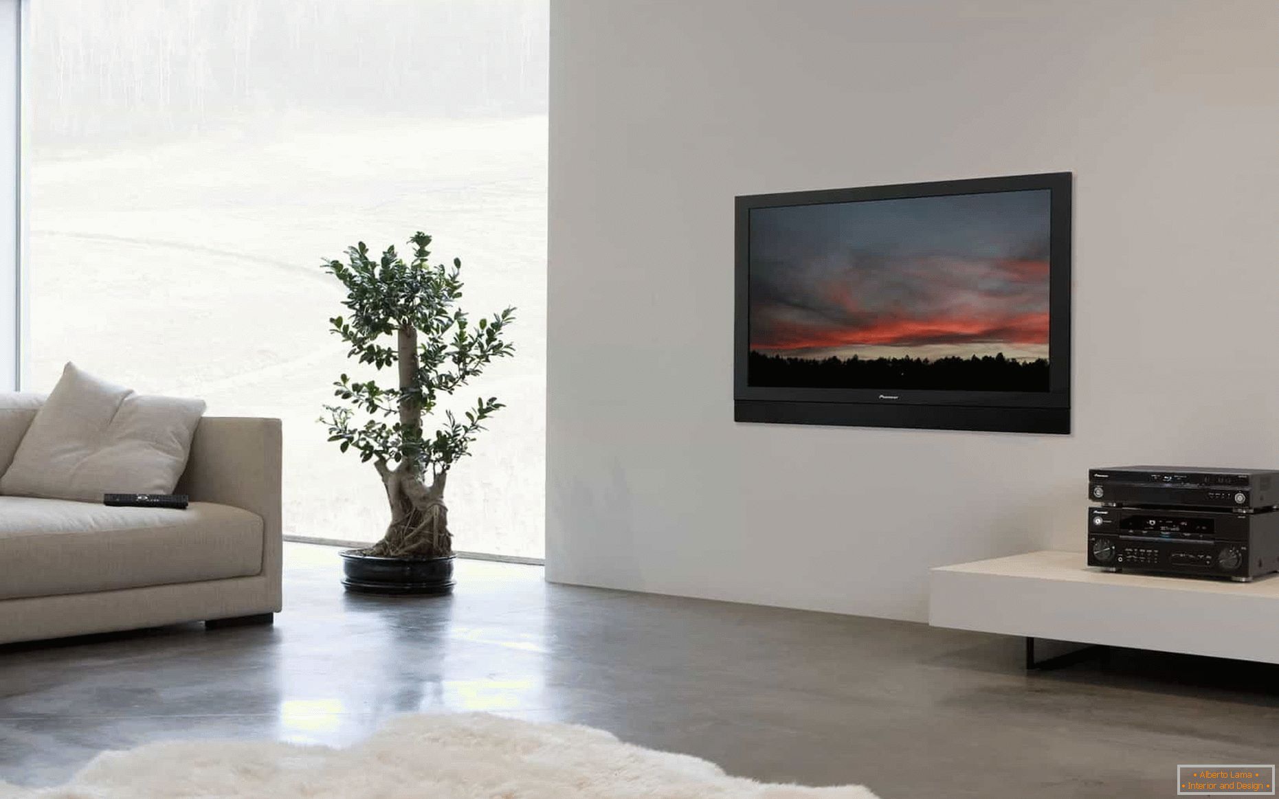 TV sur le mur blanc dans le salon