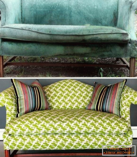 Étirement des meubles rembourrés - photo canapé avant et après le remplacement de l'ameublement
