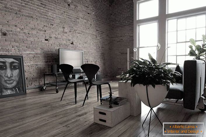 Le stratifié gris foncé dans le salon semble parfait. Pour la décoration intérieure dans le style loft, vous pouvez utiliser des images inhabituelles.