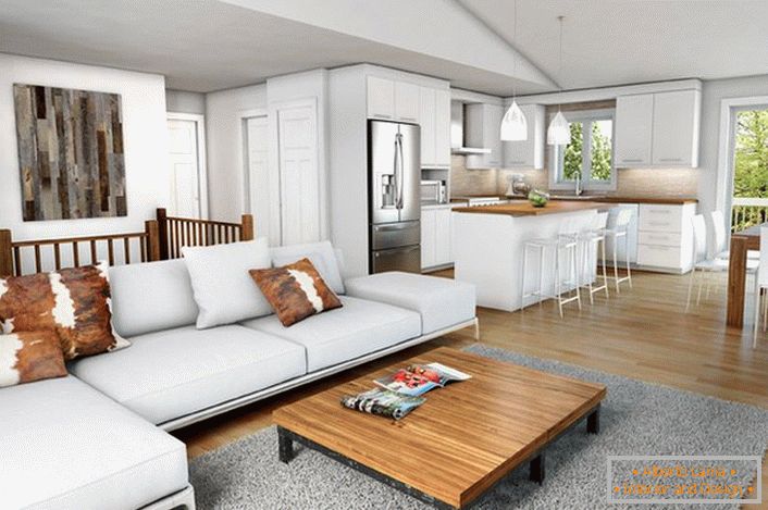 Chalet moderne dans le design intérieur d'une maison de campagne. Le mobilier laconique et confortable rend l'atmosphère chaleureuse et confortable. 