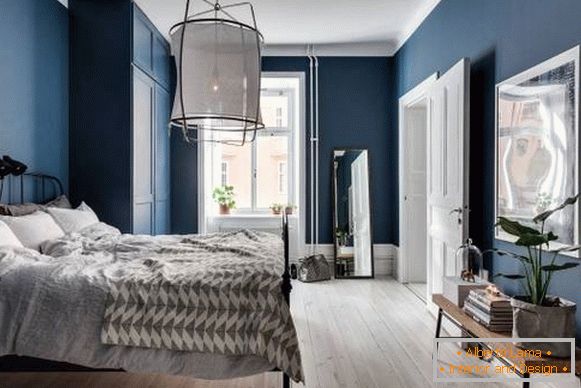 Photos de la chambre dans un style moderne et de couleur bleue