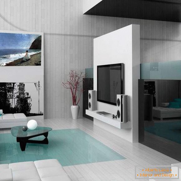 Un petit salon dans un appartement de style high-tech - photo d'intérieur