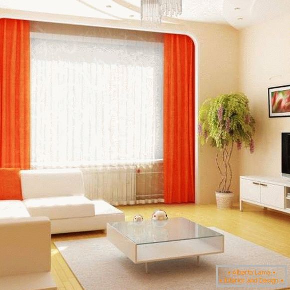 La conception de la salle dans un appartement en blanc avec un décor orange