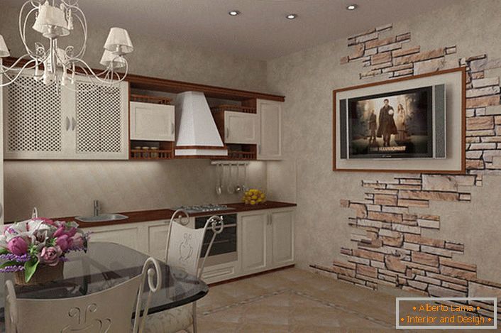 Projet de design pour la conception d'une petite cuisine de style campagnard. Les couleurs claires du mobilier en contraste avec le comptoir brun foncé et les étagères suspendues rendent la cuisine plus spacieuse. La décoration du mur à l'aide de pierres naturelles est également intéressante.