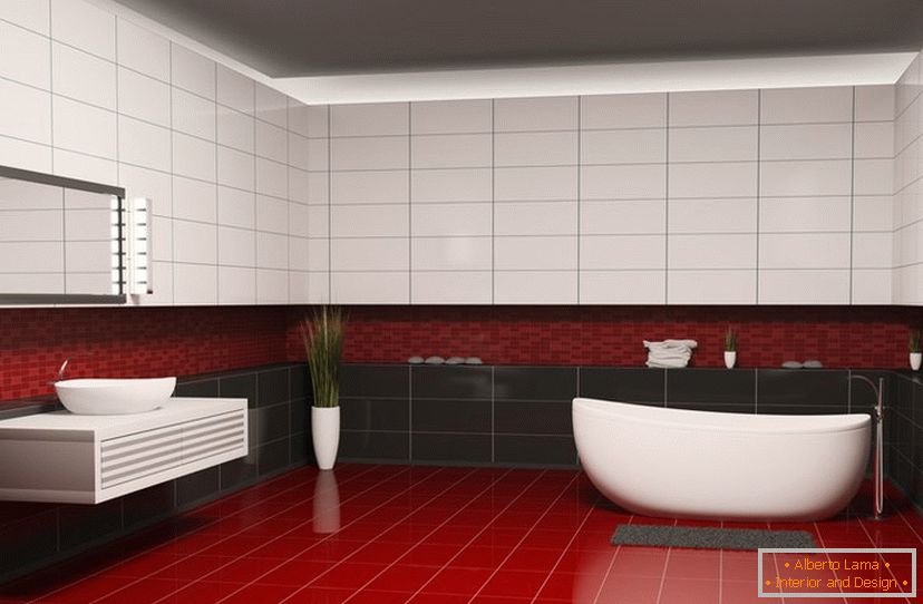 Carreaux rouge, noir et blanc dans le design de la salle de bain