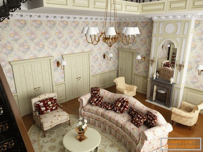 Salon de style campagnard au premier étage d'une grande maison de banlieue. Conformément au style, les meubles souples sont choisis parmi un tissu à motif floral.