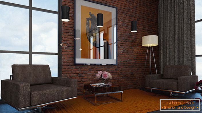 Projet de design pour le salon de style loft. Une excellente option pour les appartements urbains.