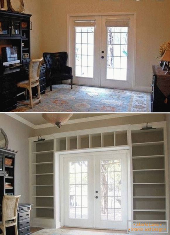 Design d'intérieur avec étagères avant et après