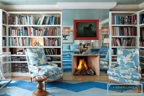 Salon avec cheminée et bibliothèques