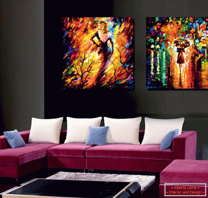 Les peintures modulaires imitent la peinture à l'huile. Des couleurs vives et juteuses diluent le design de la pièce, la rendent inhabituelle et exclusive. 
