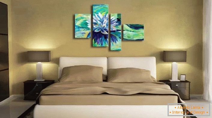 Image modulaire sans cadres - une solution intéressante pour une chambre dans le style moderne. Les nuances bleu-vert saturées de l'image rendent l'atmosphère plus vive et élégante.